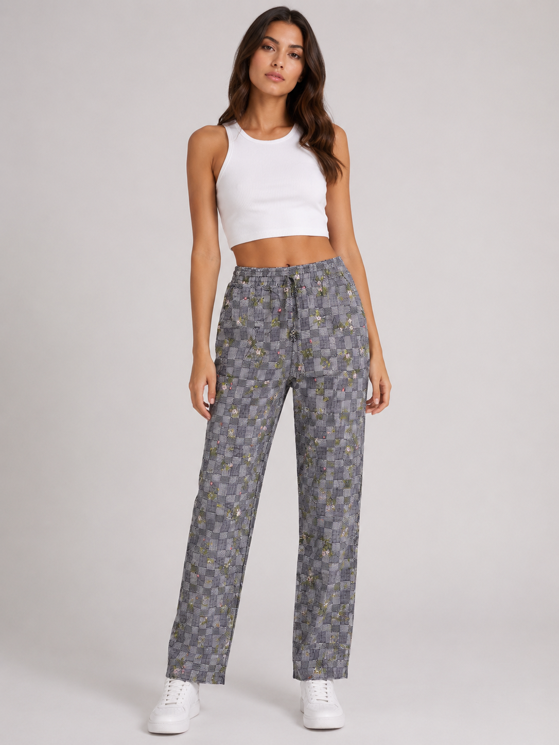 Pantalone Donna Fantasia Quadri Floreale con Elastico in Vita