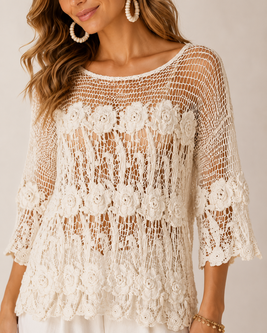 Maglia Traforata Donna in Crochet con Fiori