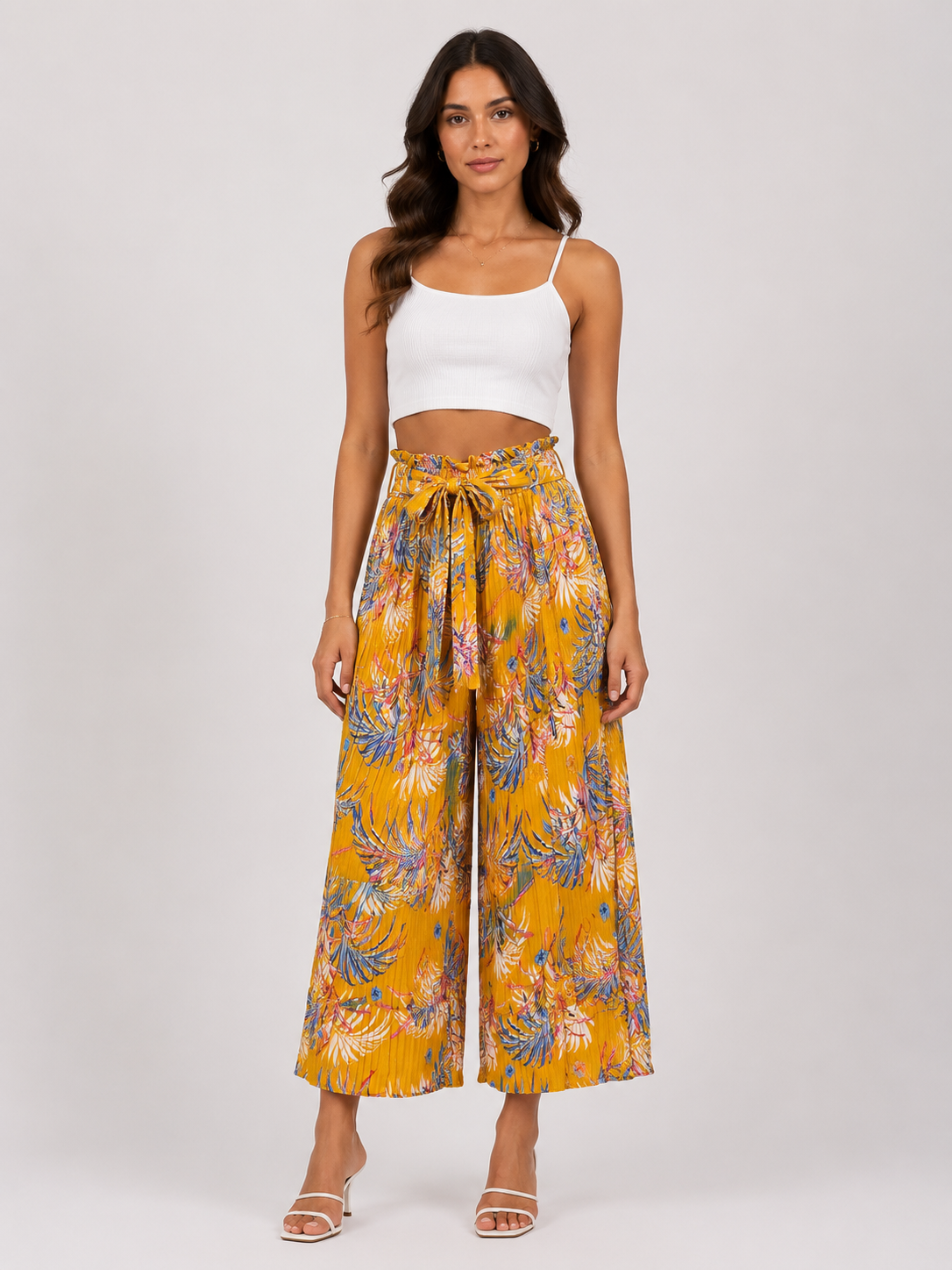 Pantalone Palazzo Donna Fantasia Tropicale con Cintura (BQ865-30)