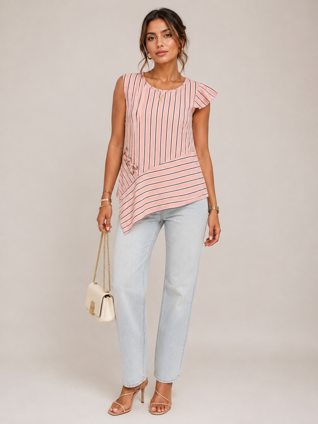 Blusa Donna Asimmetrica a Righe con Volant
