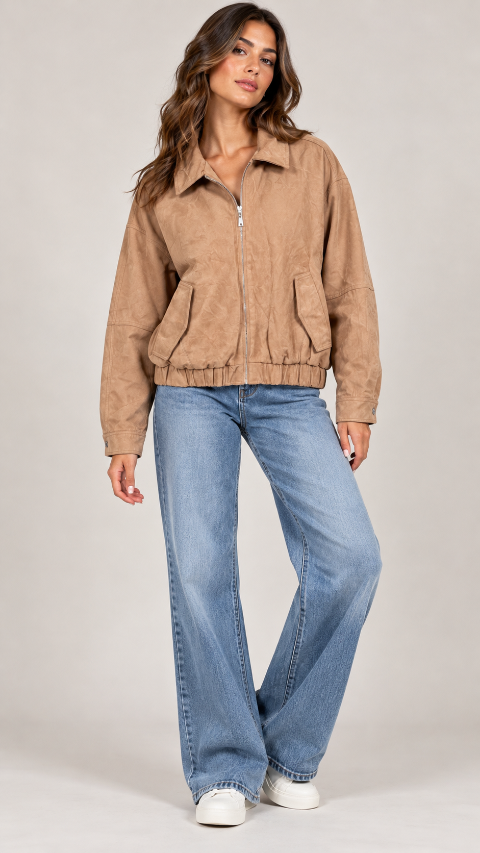 Giubbotto Effetto Scamosciato con Zip, Colletto e Tasche, Giacca Casual Moda Autunno