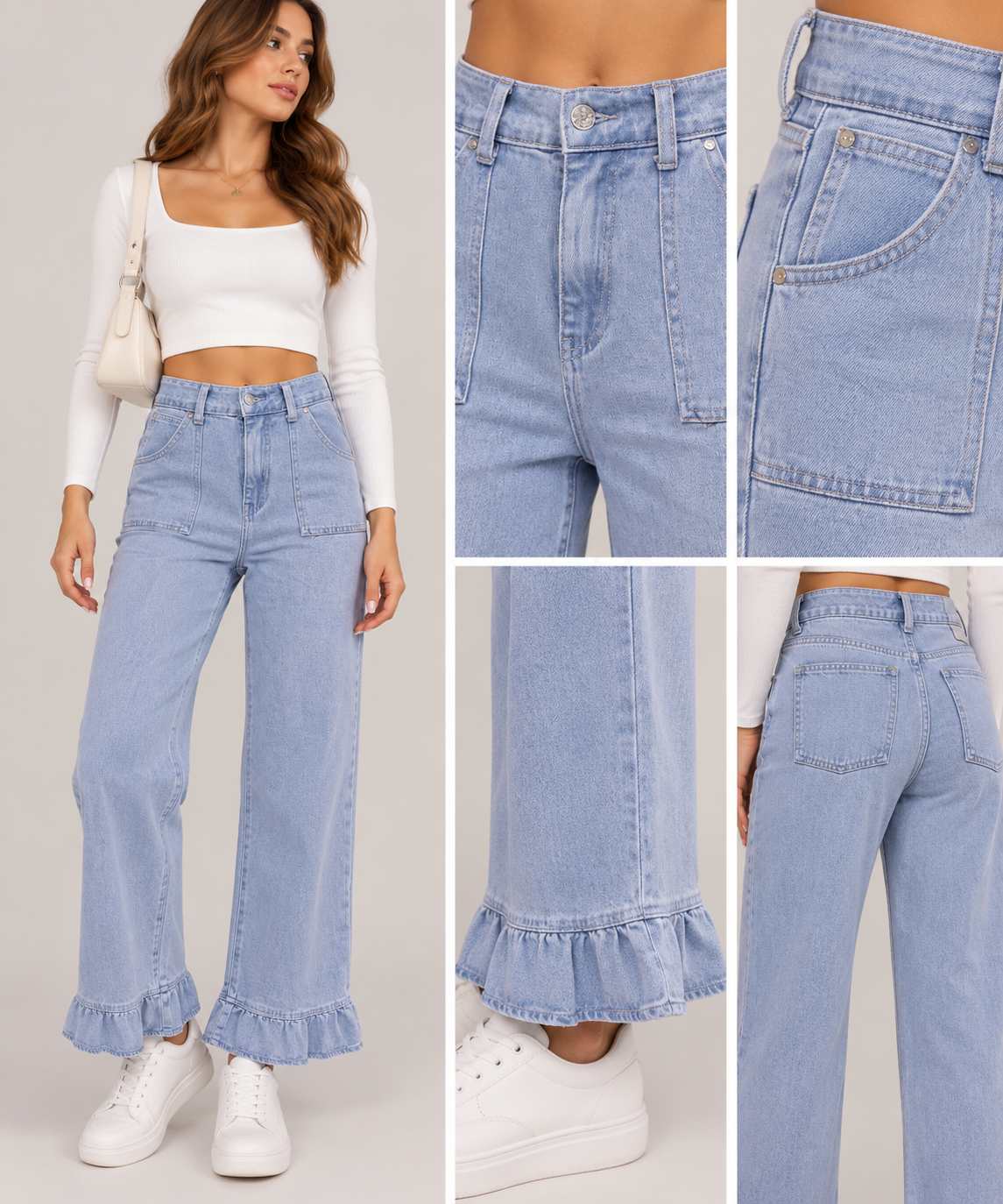 Jeans (K123) Donna Gamba Larga con Volant – Modello Fashion