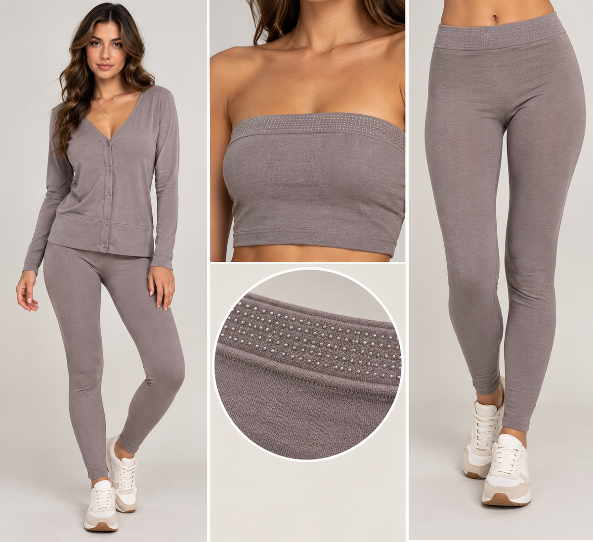 Coordinato Donna 3 Pezzi Cardigan con Bottoni, Fascia con Brillantini e Leggings