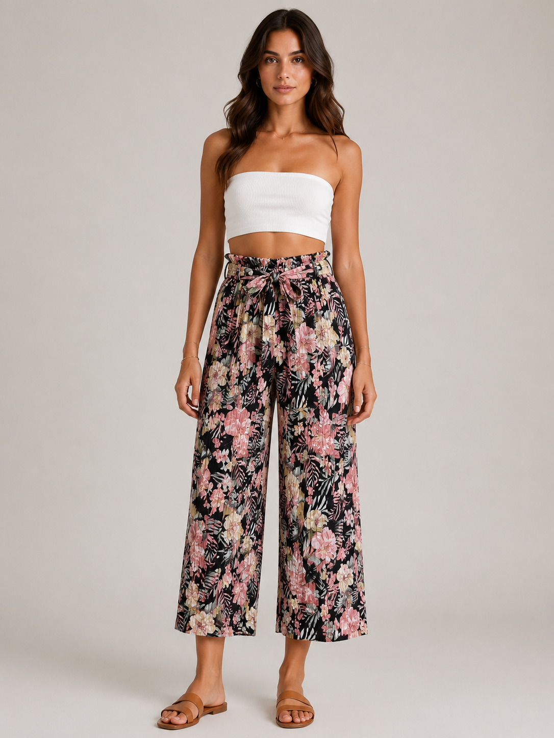 Pantalone Palazzo Plissé Donna Fantasia Floreale con Cintura (BQ865-32)