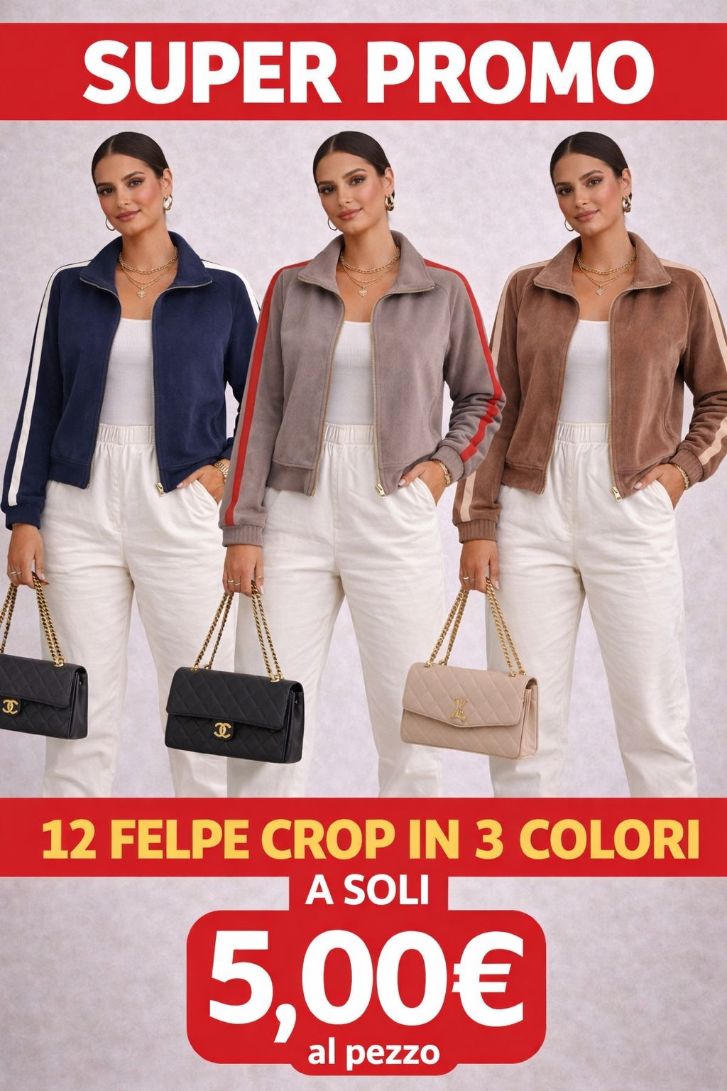 SET 12 FELPE CROP 3 COLORI CON ZIP MADE IN ITALY