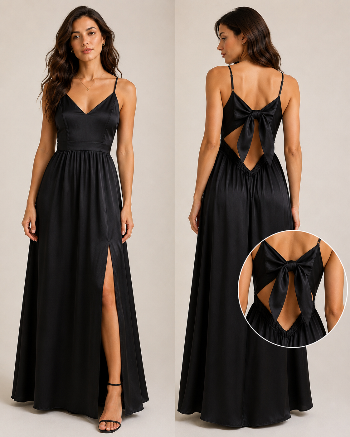 Abito Lungo Donna in Raso con Maxi Fiocco sulla Schiena e Spacco – Eleganza da Cerimonia