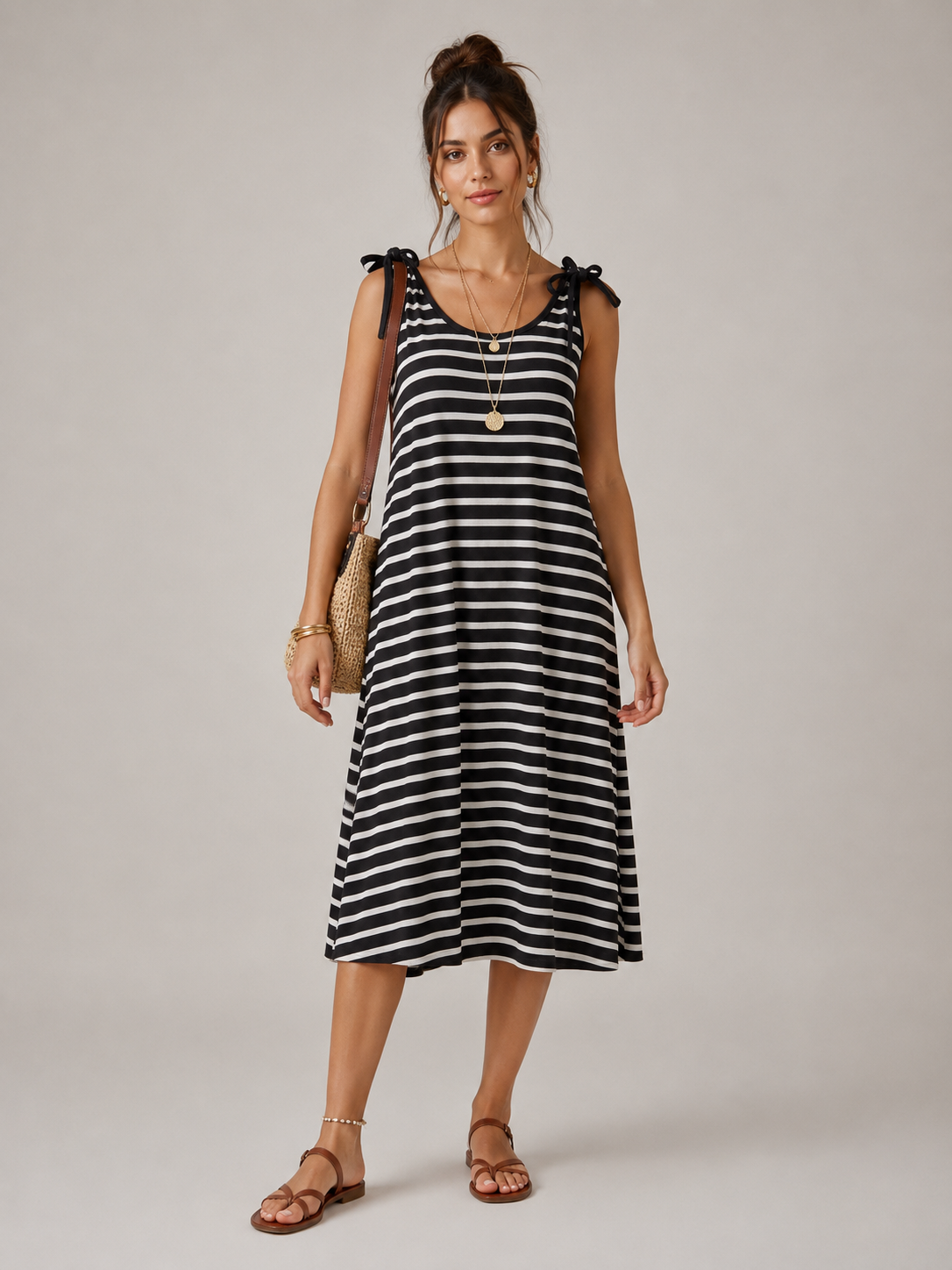 Abito Midi Donna a Righe con Spalline a Fiocco