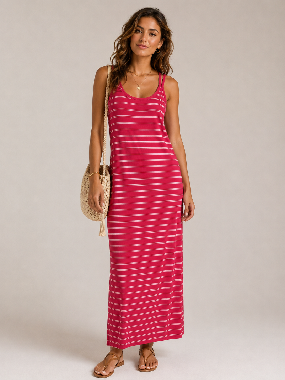 Abito Lungo Donna a Righe con Spalline Sottili