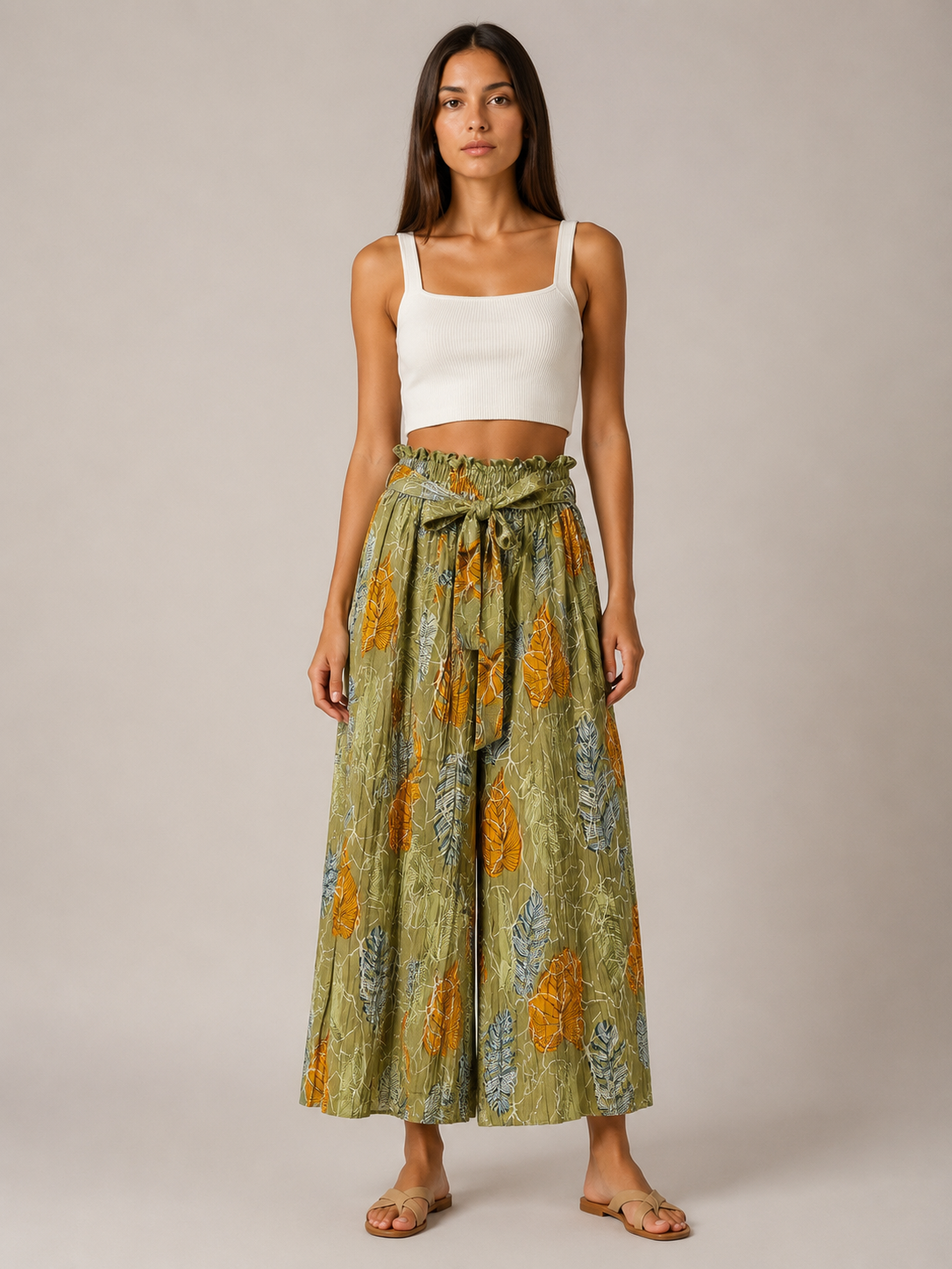 Pantalone Palazzo Donna Fantasia Foglie con Cintura (BQ865-42)