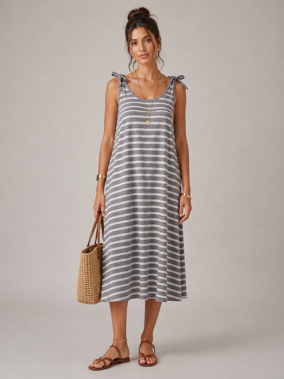 Abito Midi Donna a Righe con Spalline a Fiocco