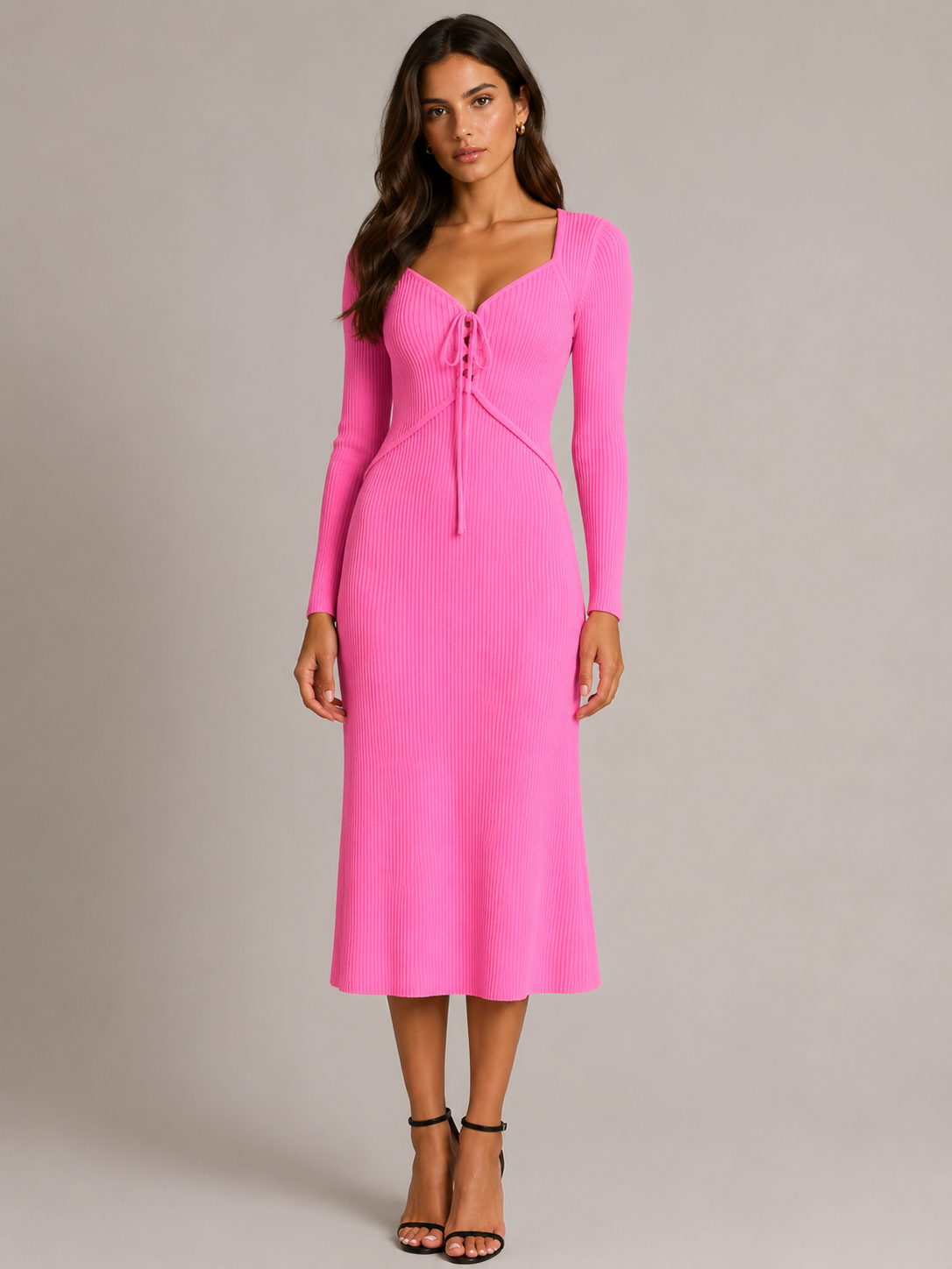 Abito Midi in Maglia a Coste con Scollo a Cuore e Laccetti