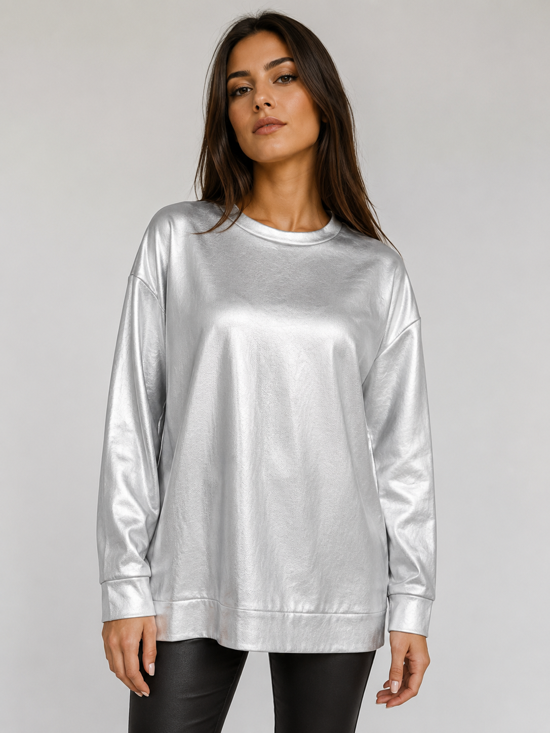 Felpa Donna Oversize Effetto Laminato Girocollo