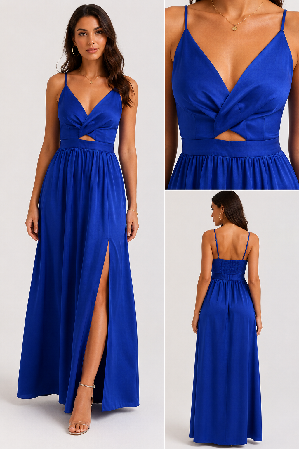 Abito Lungo in Raso con Intreccio sul Décolleté e Spacco Laterale – Elegante da Cerimonia