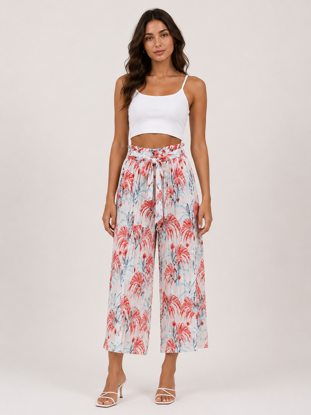 Pantalone Palazzo Donna Fantasia Tropicale con Cintura (BQ865-30)