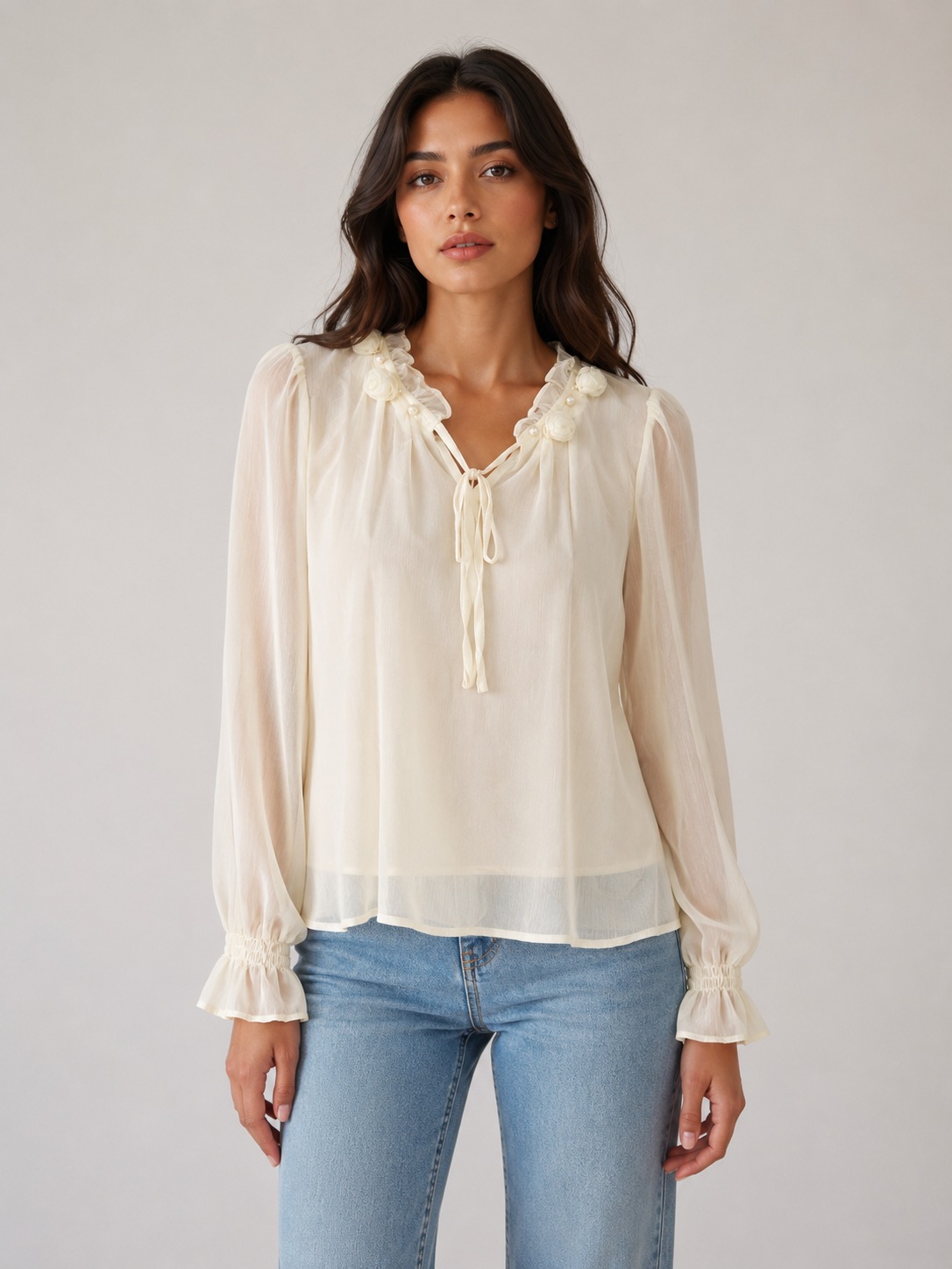 Blusa Donna in Chiffon con Fiori Applicati