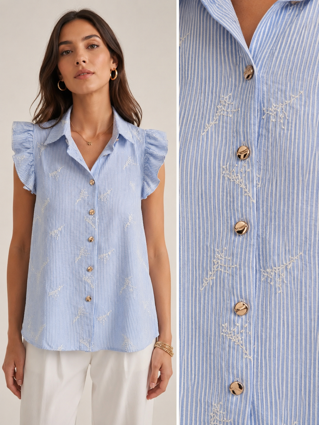Camicia Donna a Righe con Volant e Ricami – Blusa Elegante