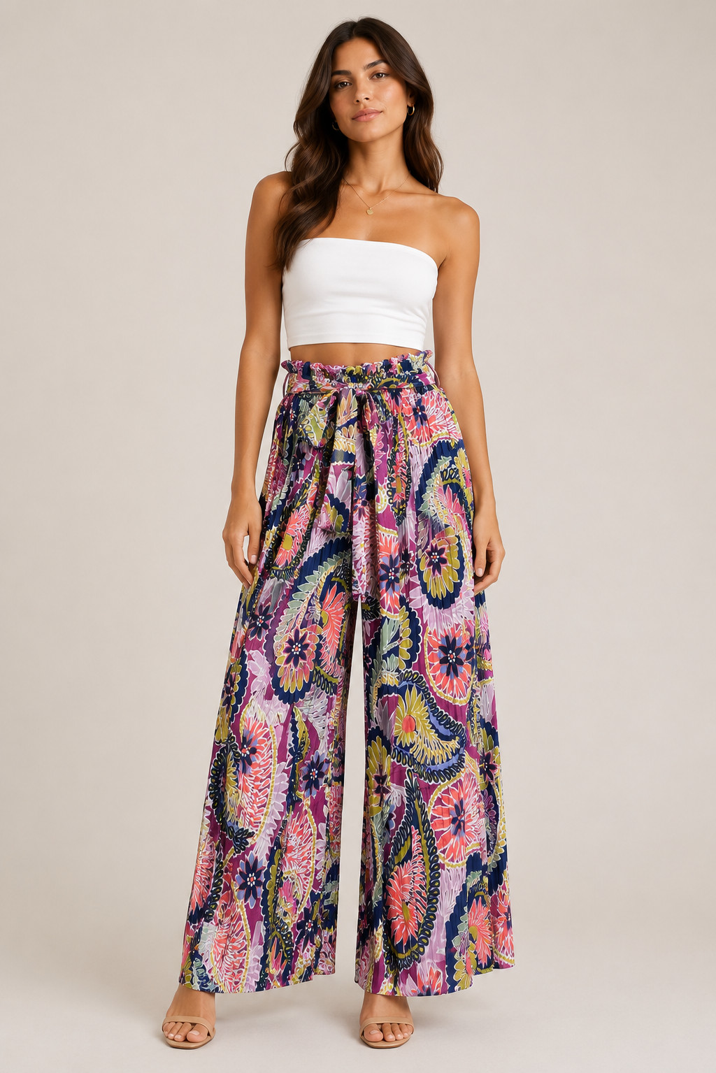 Pantalone Palazzo Donna Fantasia Astratta con Cintura (BQ865-14)