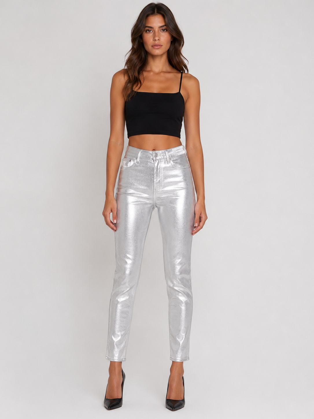 Pantalone Donna Effetto Laminato a Vita Alta