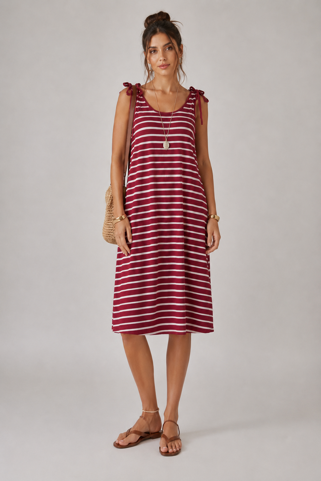 Abito Midi Donna a Righe con Spalline a Fiocco
