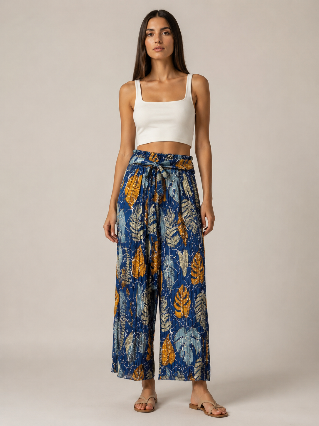 Pantalone Palazzo Donna Fantasia Foglie con Cintura (BQ865-42)