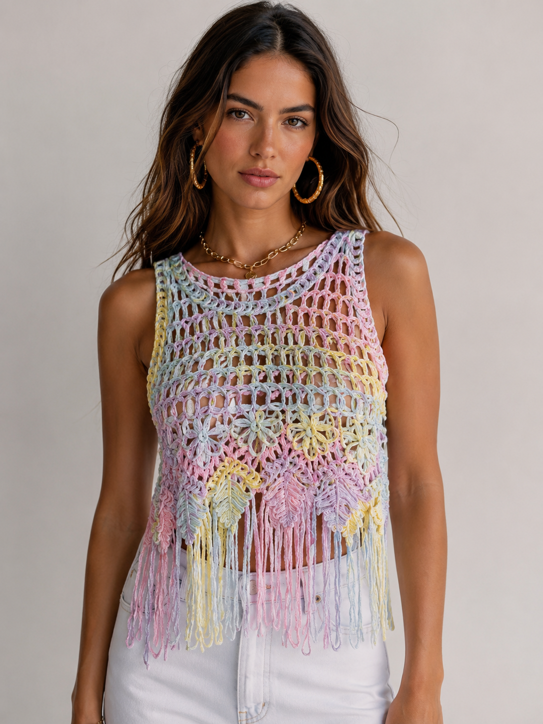 Coordinato Donna Boho Chic – Top Crochet con Frange, Fascia e Jeans Laminato