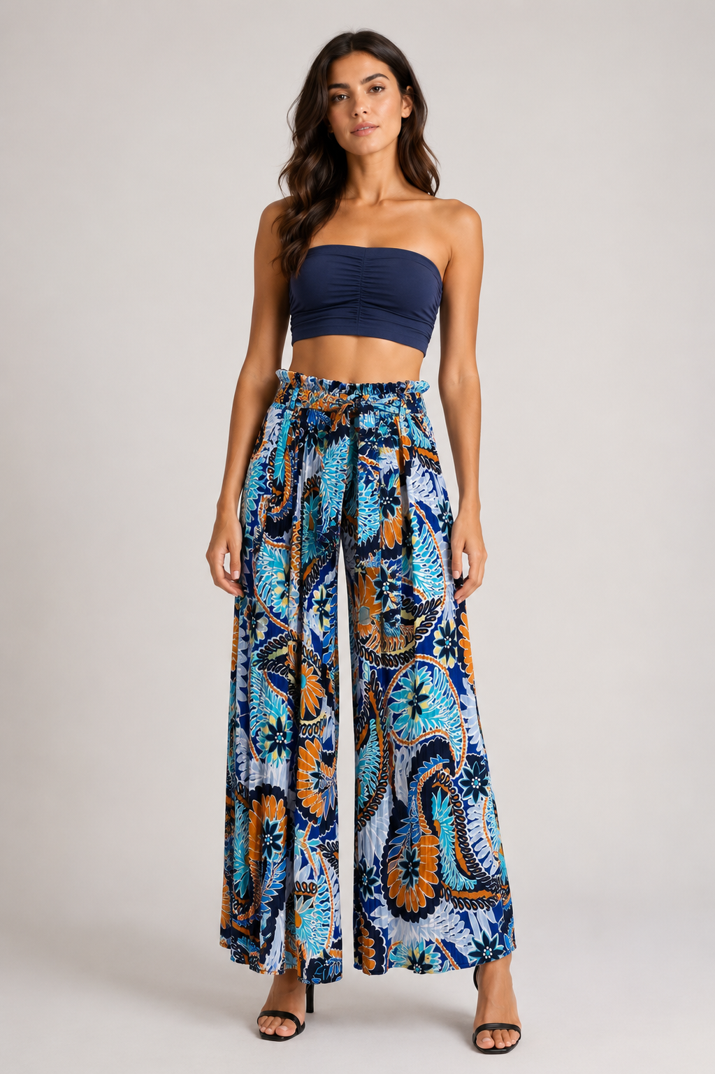 Pantalone Palazzo Donna Fantasia Astratta con Cintura (BQ865-14)