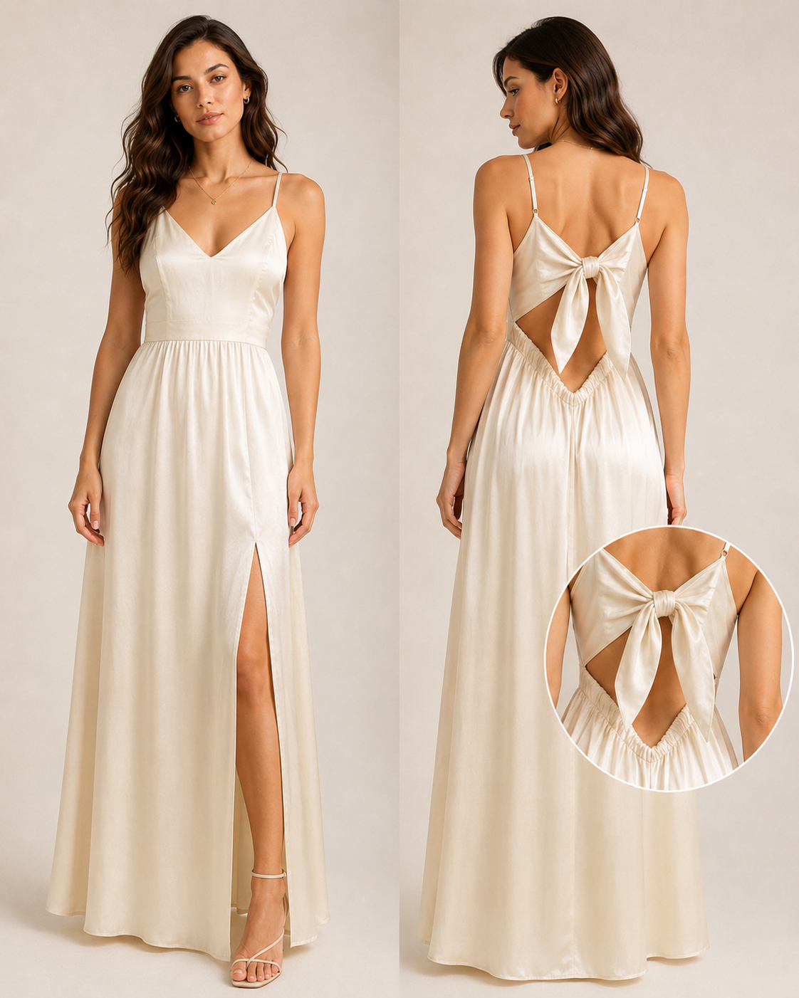 Abito Lungo Donna in Raso con Maxi Fiocco sulla Schiena e Spacco – Eleganza da Cerimonia