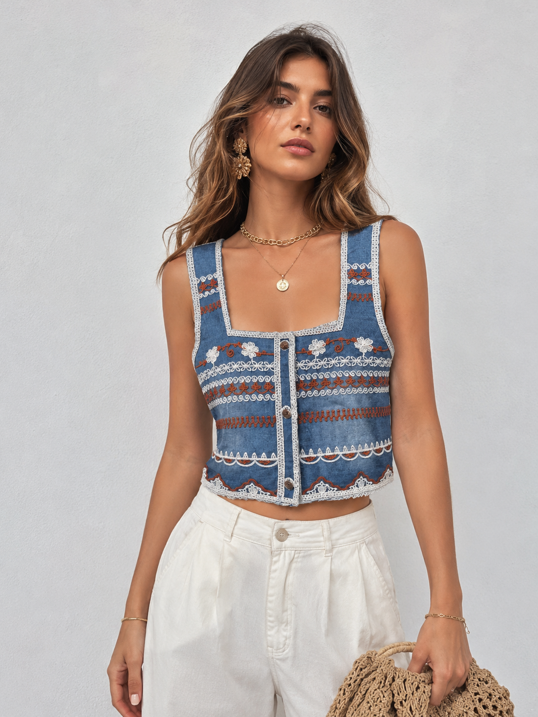 Top Donna in Denim Ricamato – Crop Top con Bottoni e Dettagli in Pizzo