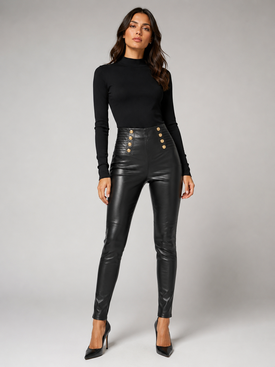 Leggings Donna Effetto Pelle a Vita Alta con Bottoni Oro