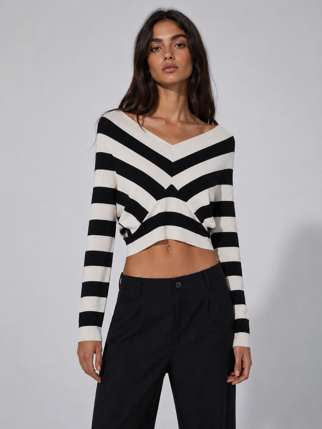 Maglia Donna Crop a Righe con Scollo a V