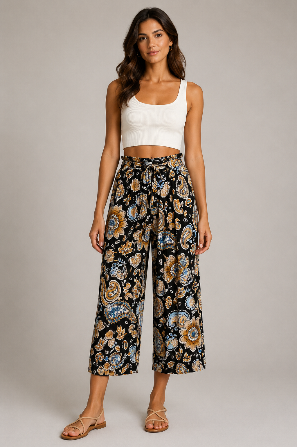 Pantalone Palazzo Donna Fantasia Paisley con Cintura (BQ865-47)