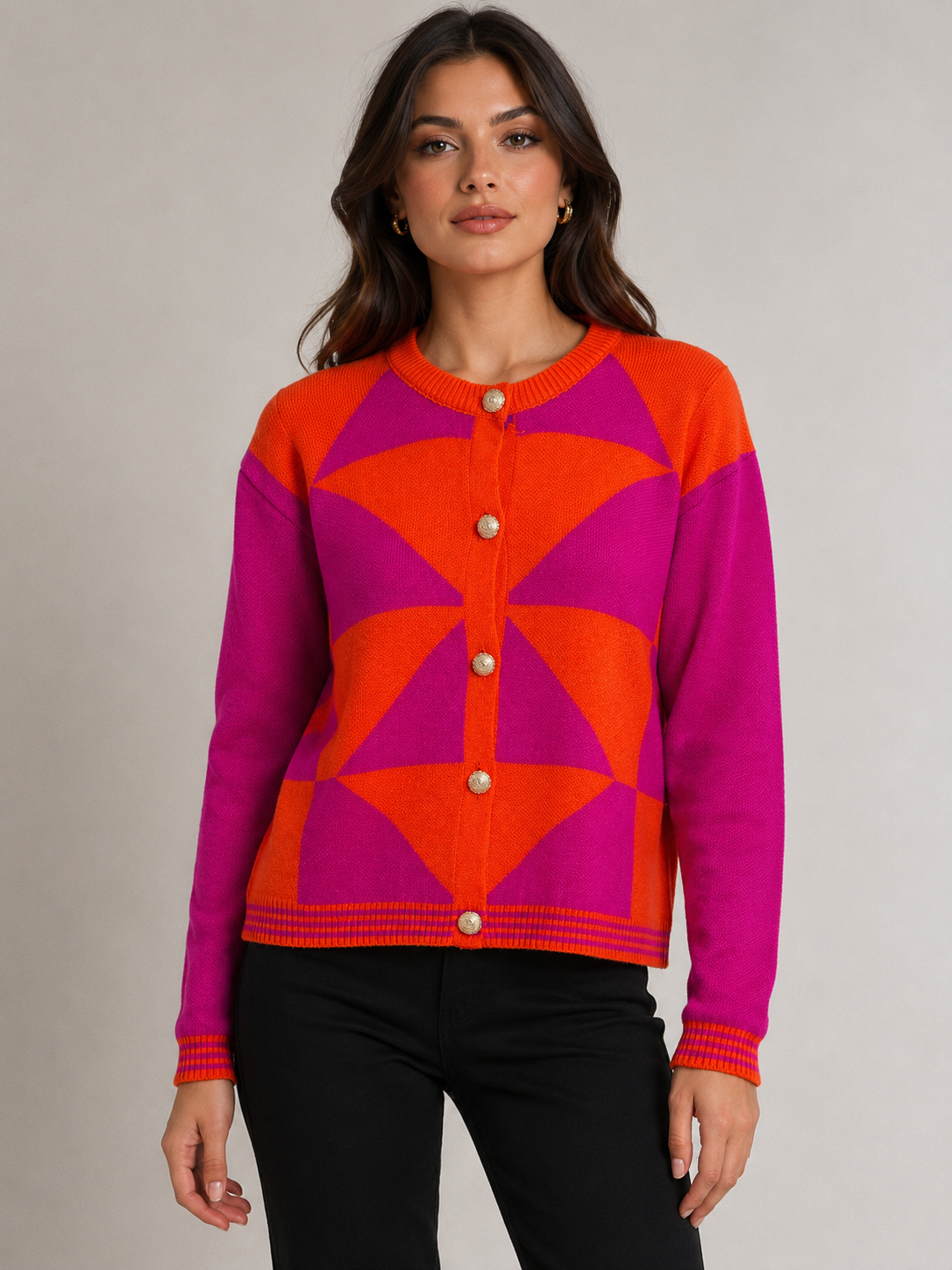 Cardigan Donna in Maglia con Fantasia Geometrica – Arancione e Fucsia