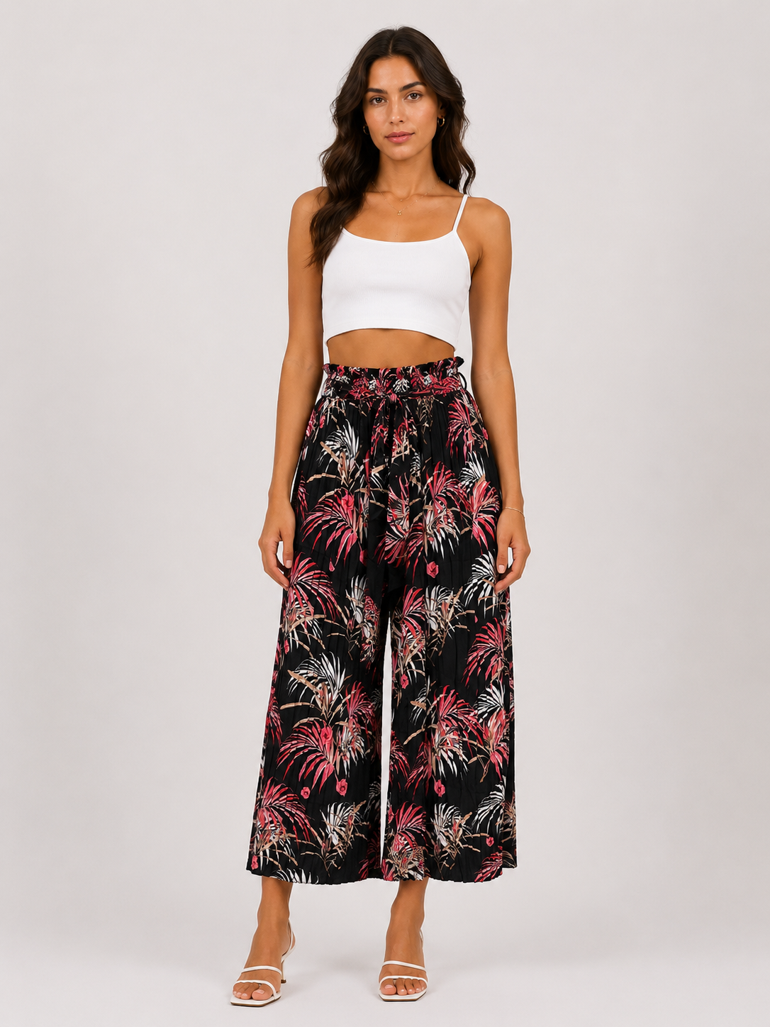 Pantalone Palazzo Donna Fantasia Tropicale con Cintura (BQ865-30)
