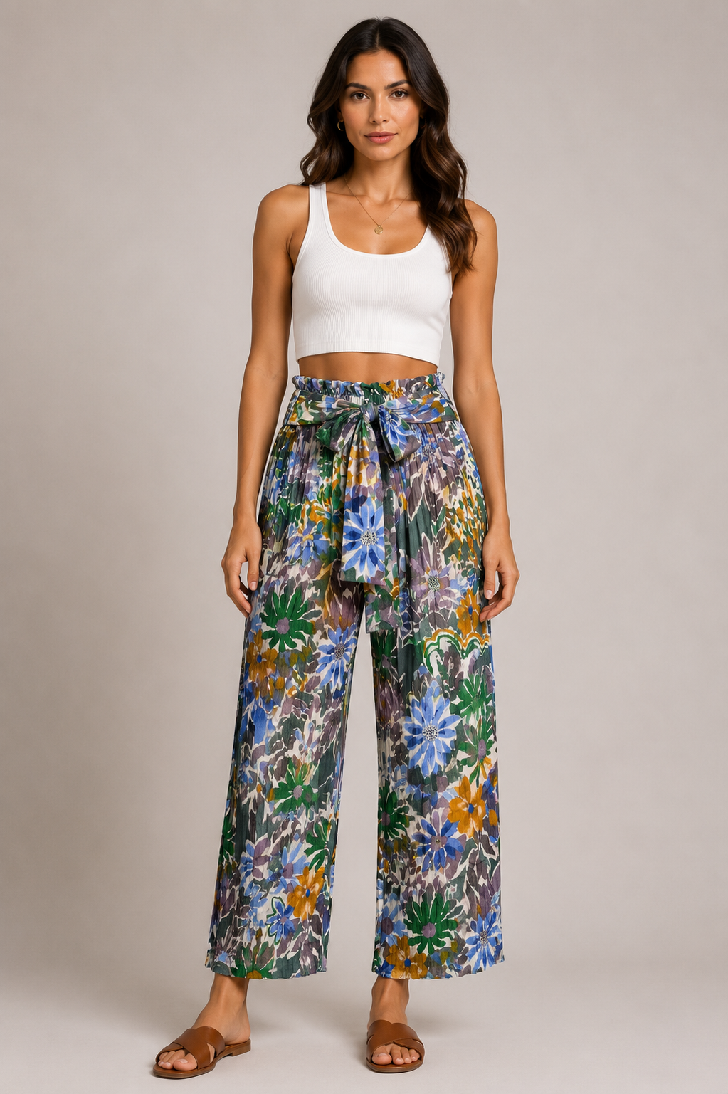 Pantalone Palazzo Donna Fantasia Floreale con Cintura (865-13)