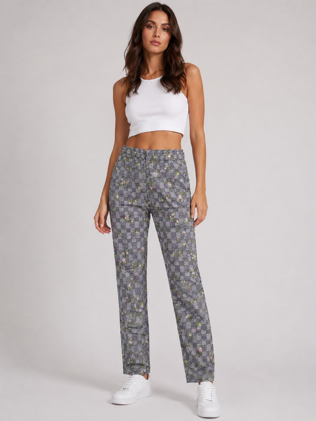 Pantalone Donna Fantasia Quadri Floreale con Elastico in Vita