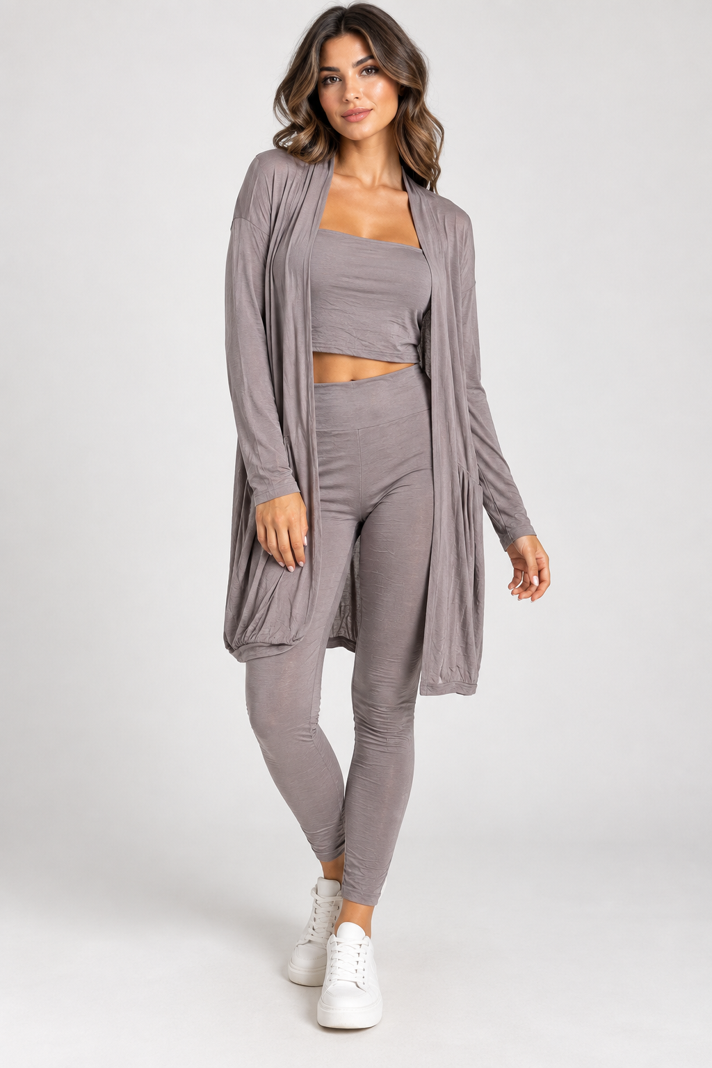 Coordinato Donna 3 Pezzi con Cardigan Lungo, Top e Leggings