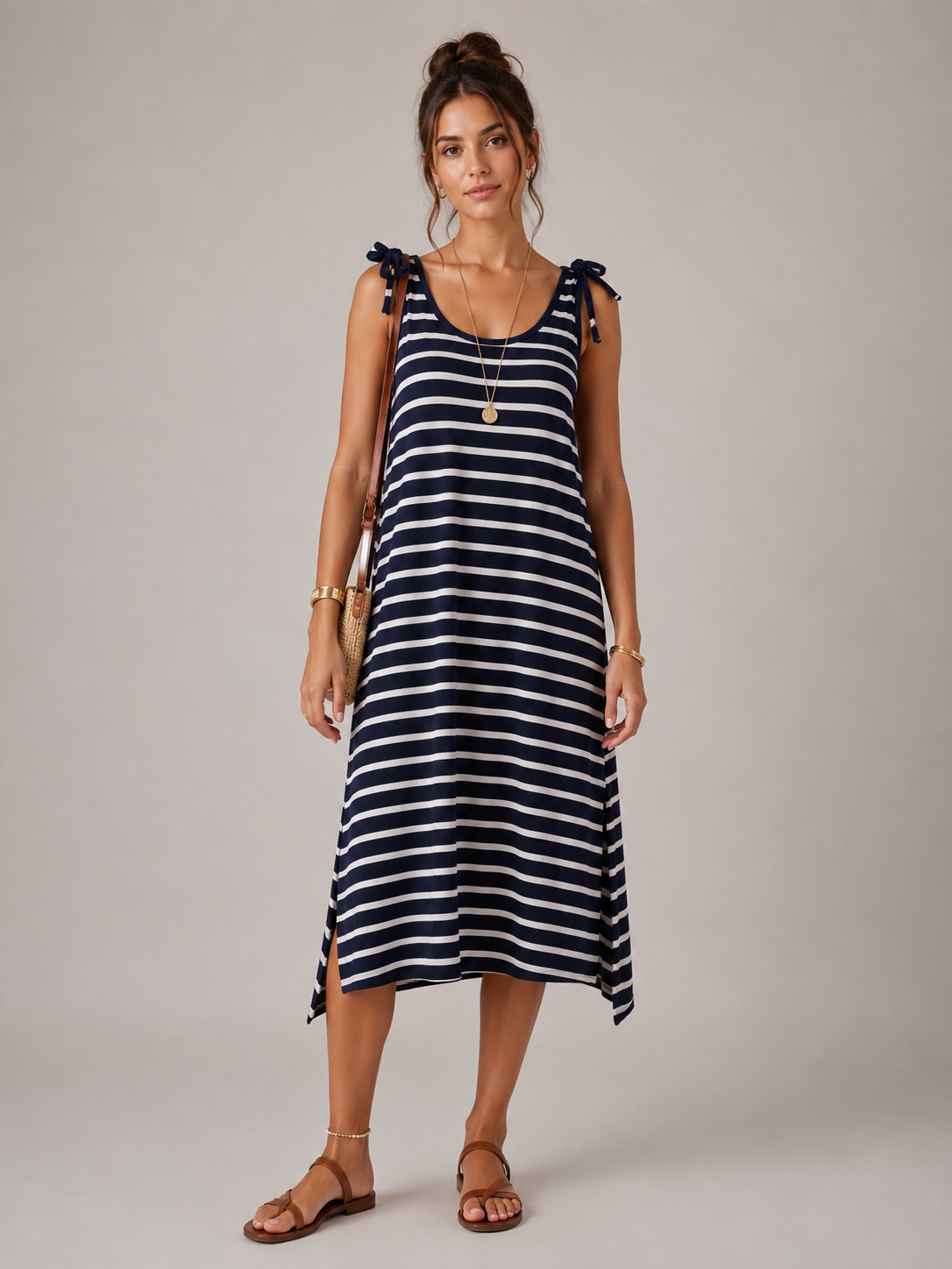 Abito Midi Donna a Righe con Spalline a Fiocco