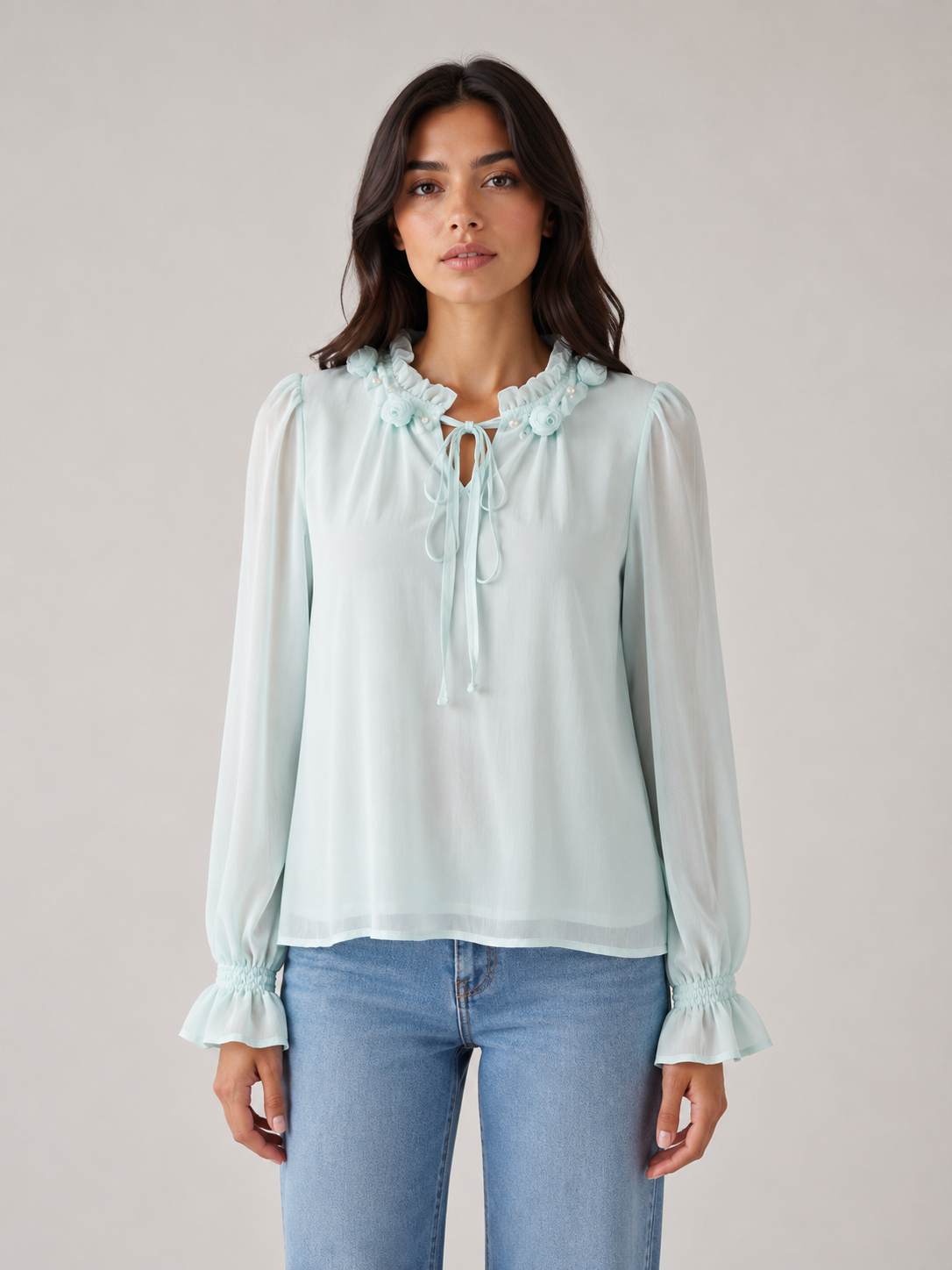 Blusa Donna in Chiffon con Fiori Applicati
