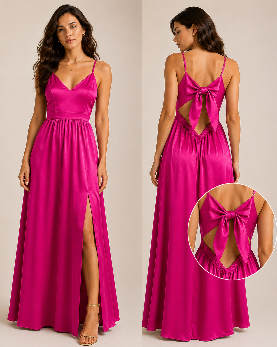 Abito Lungo Donna in Raso con Maxi Fiocco sulla Schiena e Spacco – Eleganza da Cerimonia