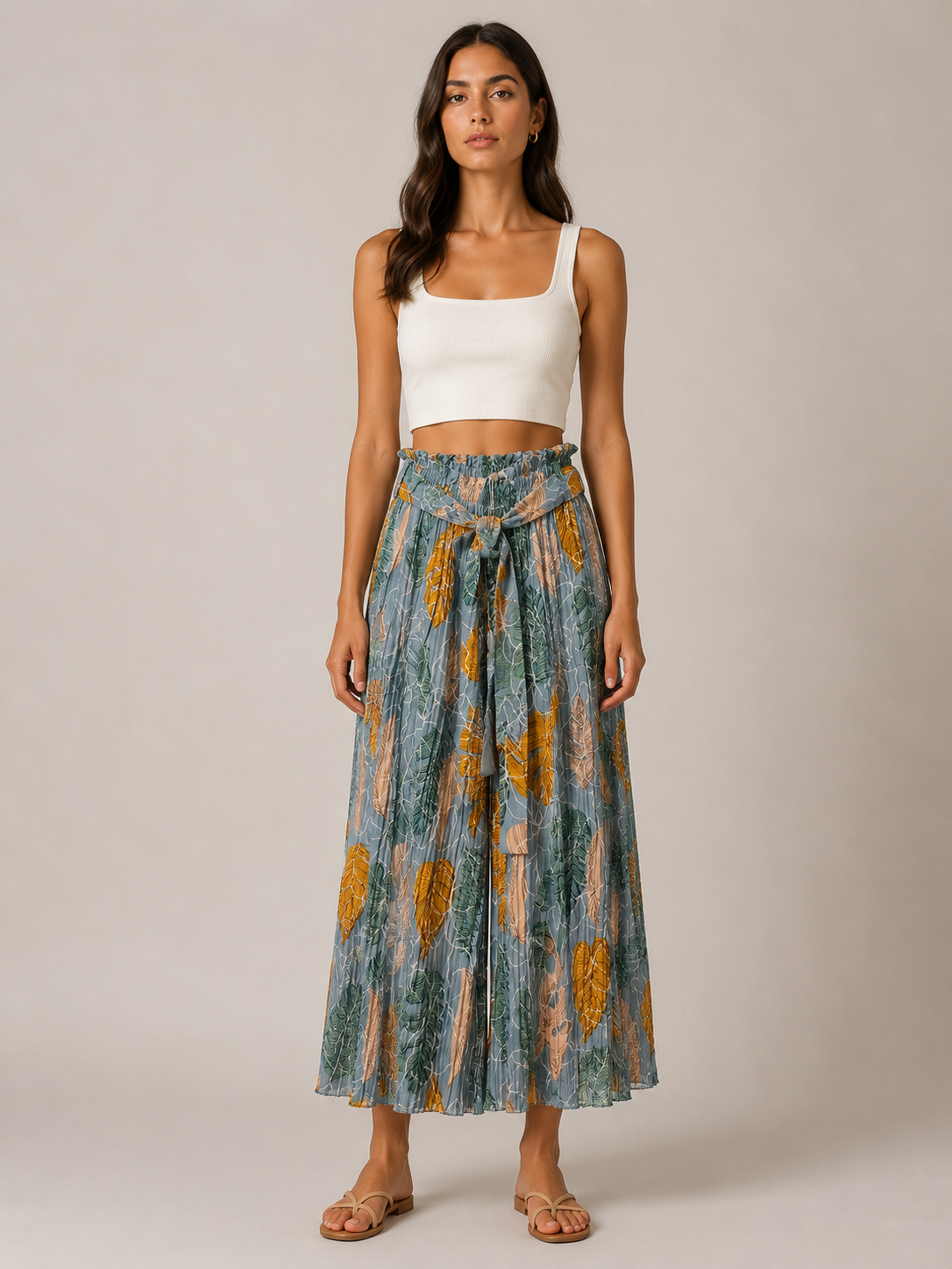 Pantalone Palazzo Donna Fantasia Foglie con Cintura (BQ865-42)