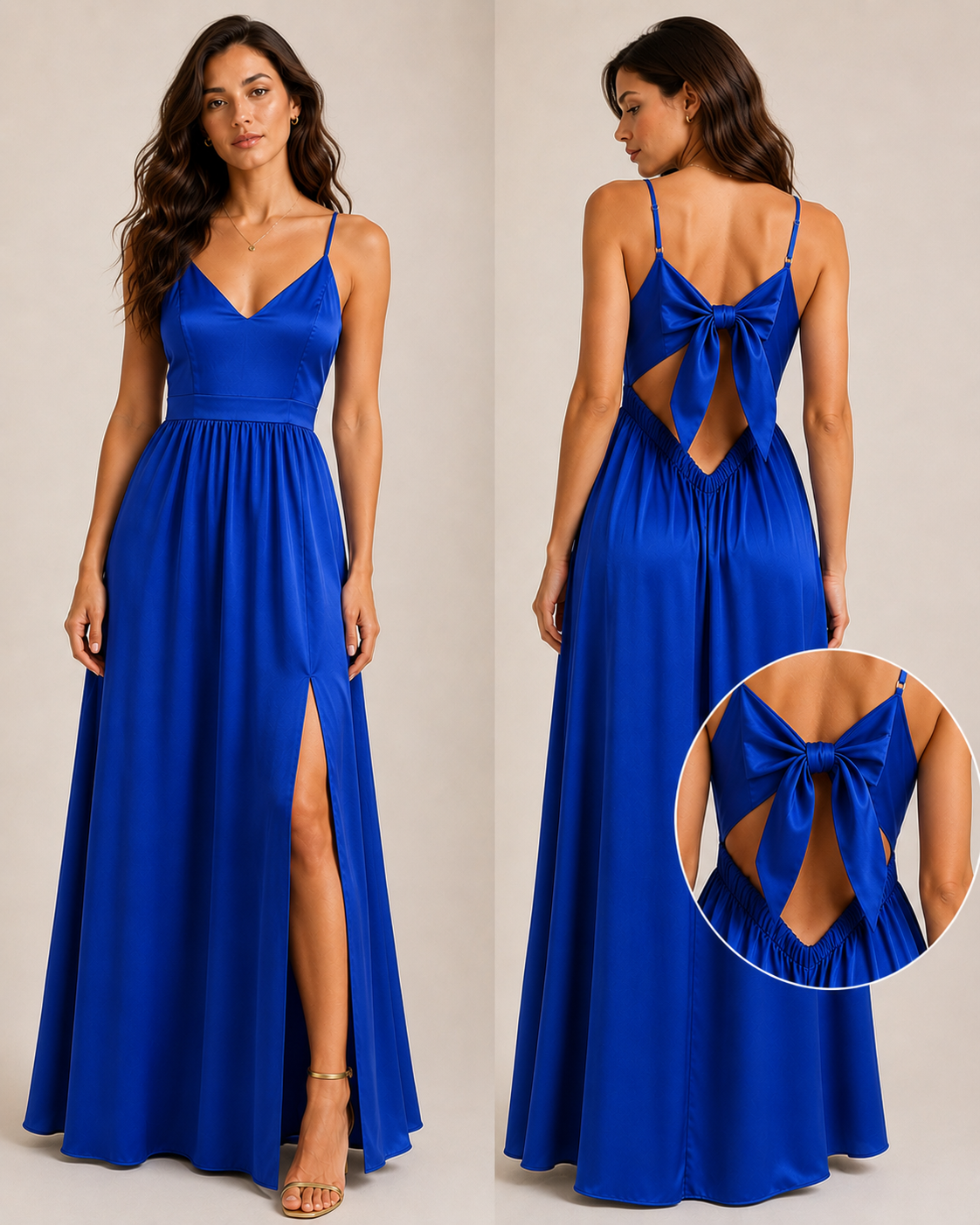 Abito Lungo Donna in Raso con Maxi Fiocco sulla Schiena e Spacco – Eleganza da Cerimonia