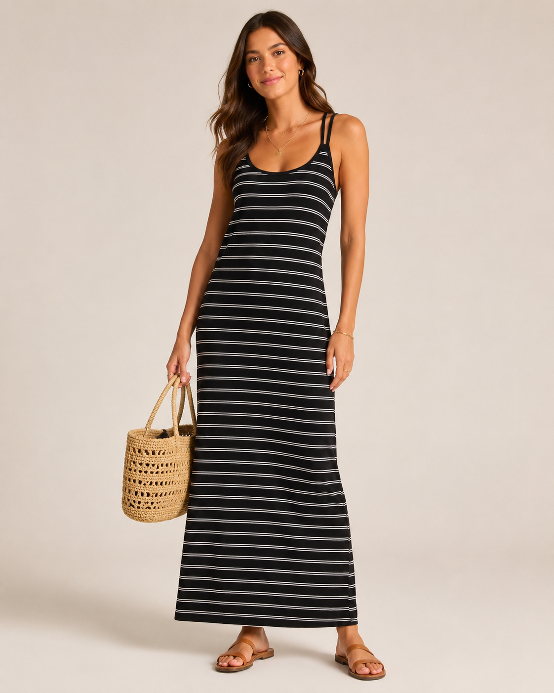 Abito Lungo Donna a Righe con Spalline Sottili
