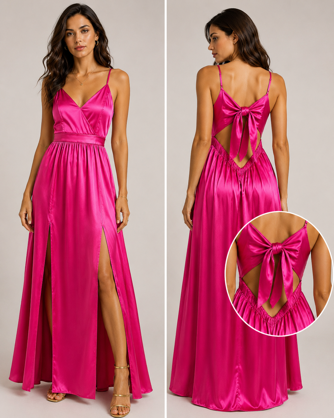 Abito Lungo Donna in Raso con Schiena Scoperta e Fiocco – Vestito Elegante