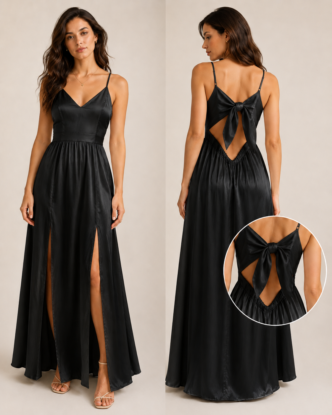 Abito Lungo Donna in Raso con Schiena Scoperta e Fiocco – Vestito Elegante