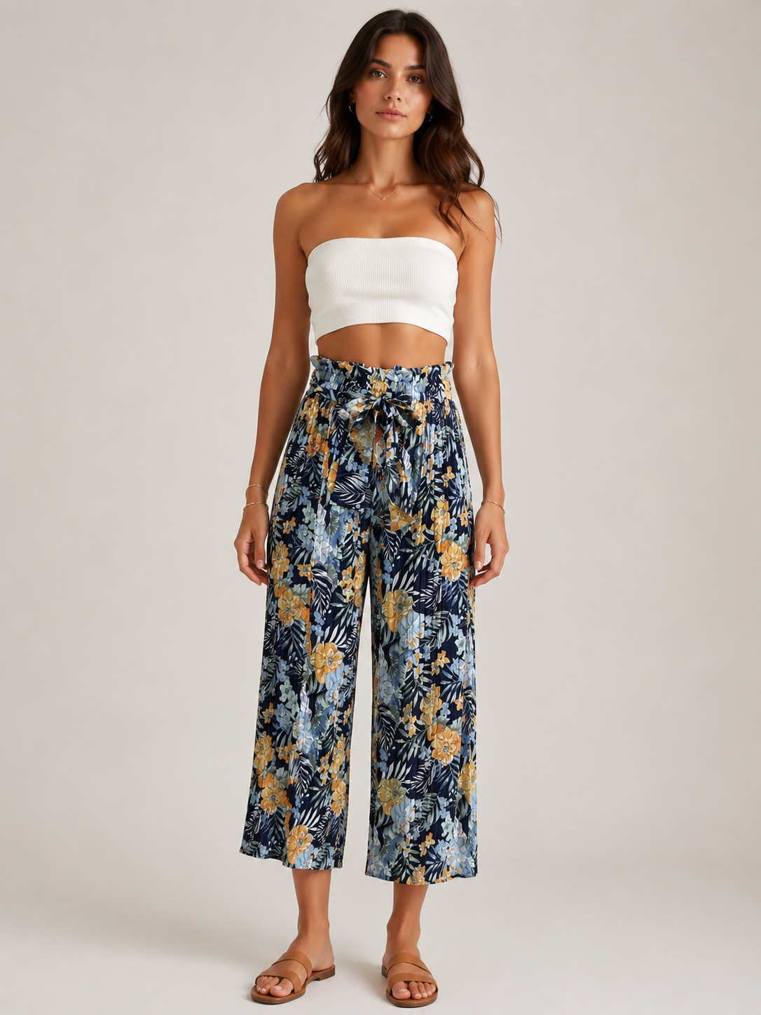 Pantalone Palazzo Plissé Donna Fantasia Floreale con Cintura (BQ865-32)