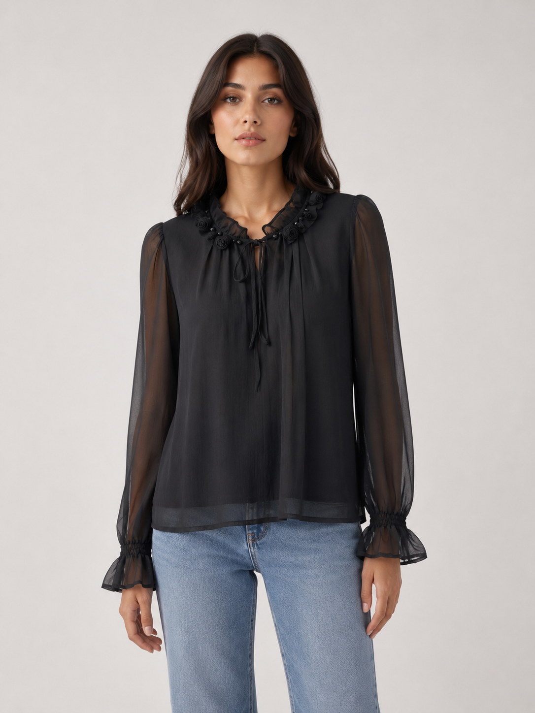 Blusa Donna in Chiffon con Fiori Applicati