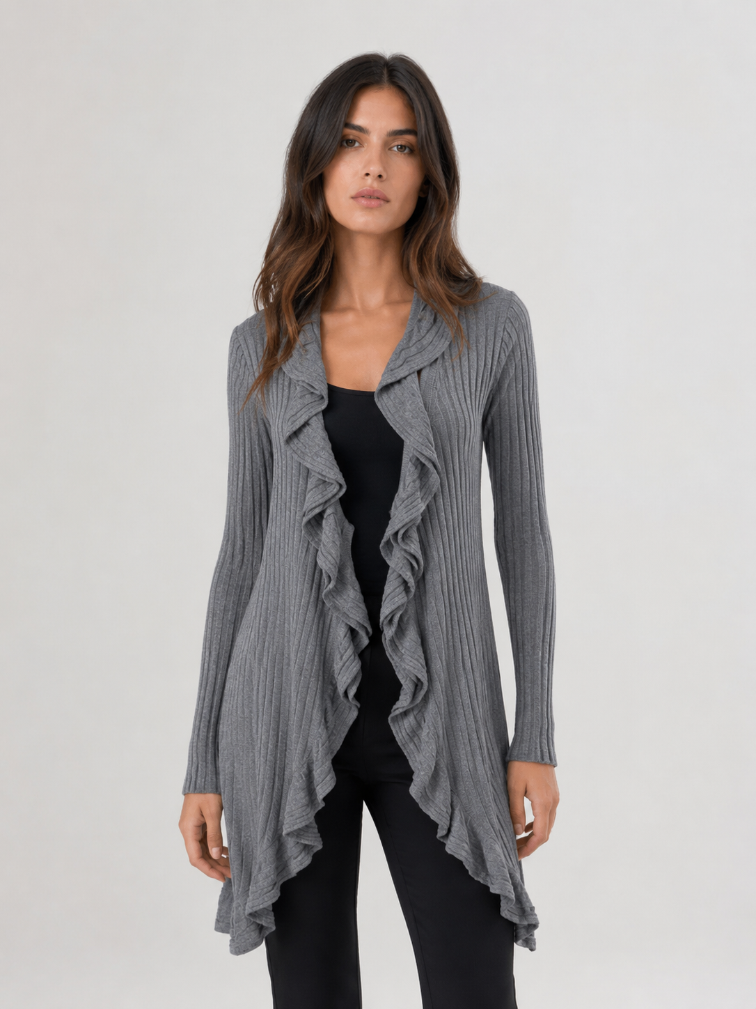 Cardigan Donna a Coste Aperto con Volant