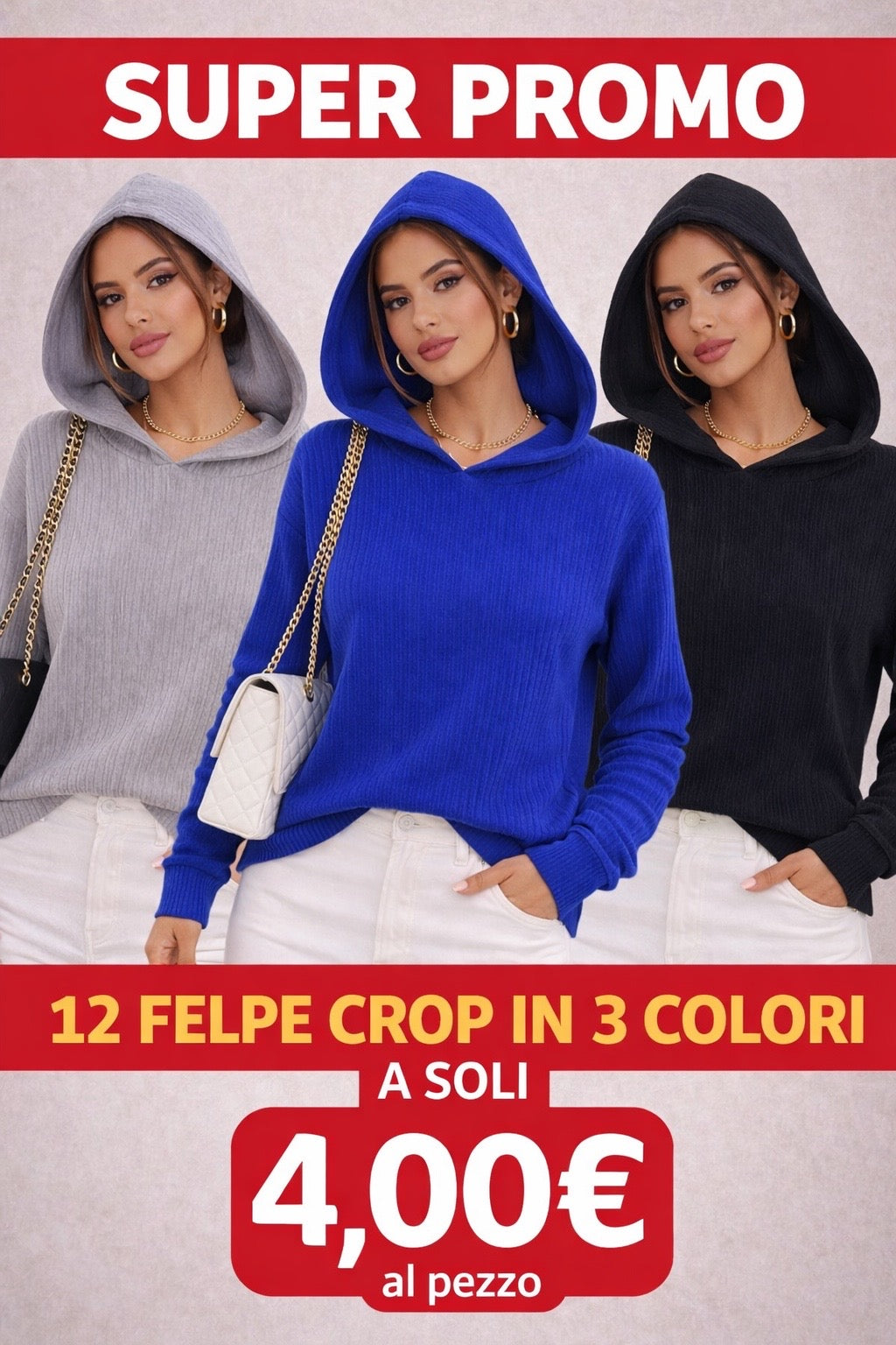SET 12 FELPE CROP 3 COLORI CON CAPPUCCIO MADE IN ITALY
