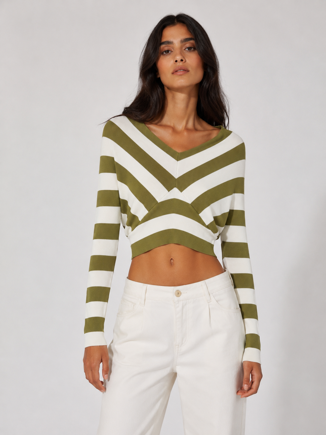 Maglia Donna Crop a Righe con Scollo a V