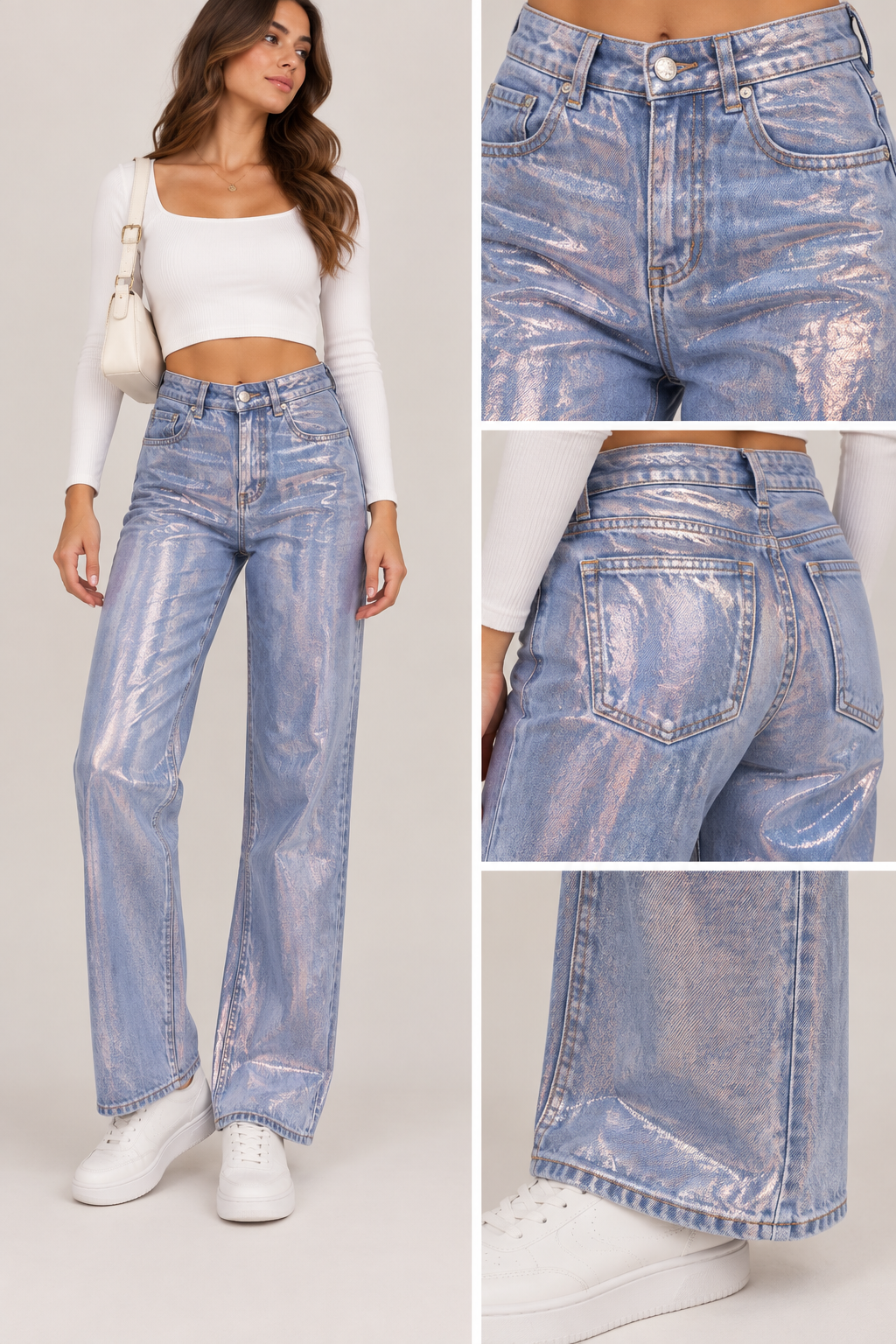 Jeans (H2681) Donna Gamba Larga Effetto Laminato – Modello Trendy